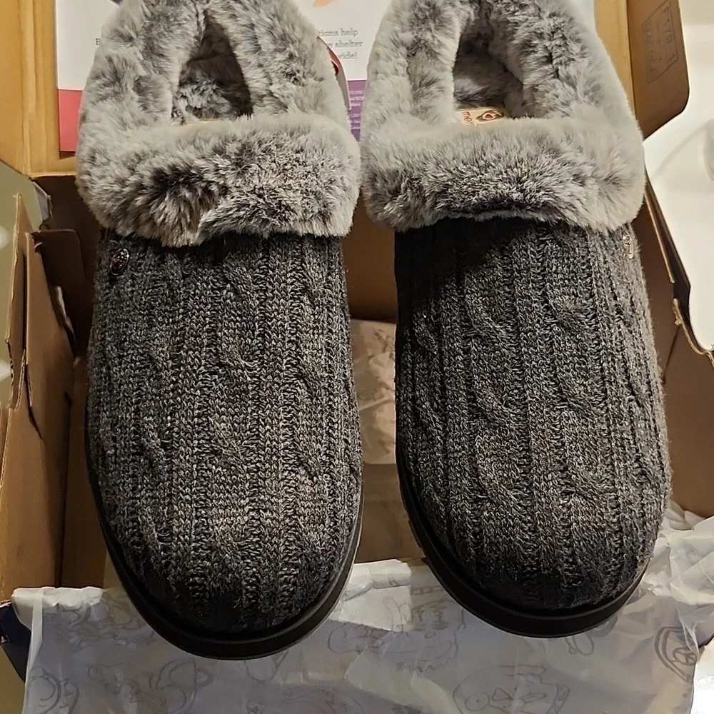Skechers BOBS Keepsakes Ice Angel Charcoal Slippers Cable Knit Faux Fur 8.5 Wide - Picture 3 of 16